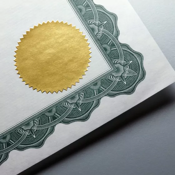 Certificate with a gold embossed seal