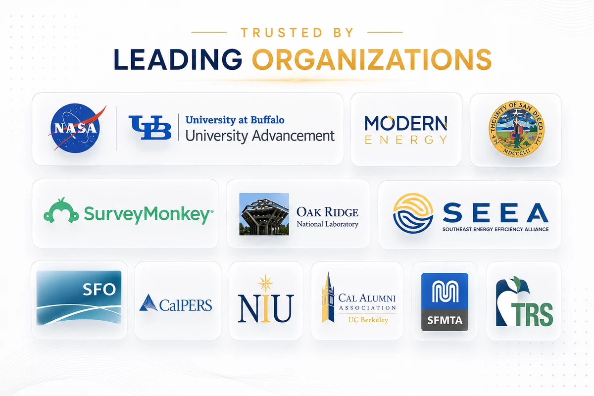 Trusted by leading organizations including NASA, University at Buffalo, SurveyMonkey, Oak Ridge National Laboratory, SEEA, SFO, CalPERS, NIU, Cal Alumni Association UC Berkeley, SFMTA, and more